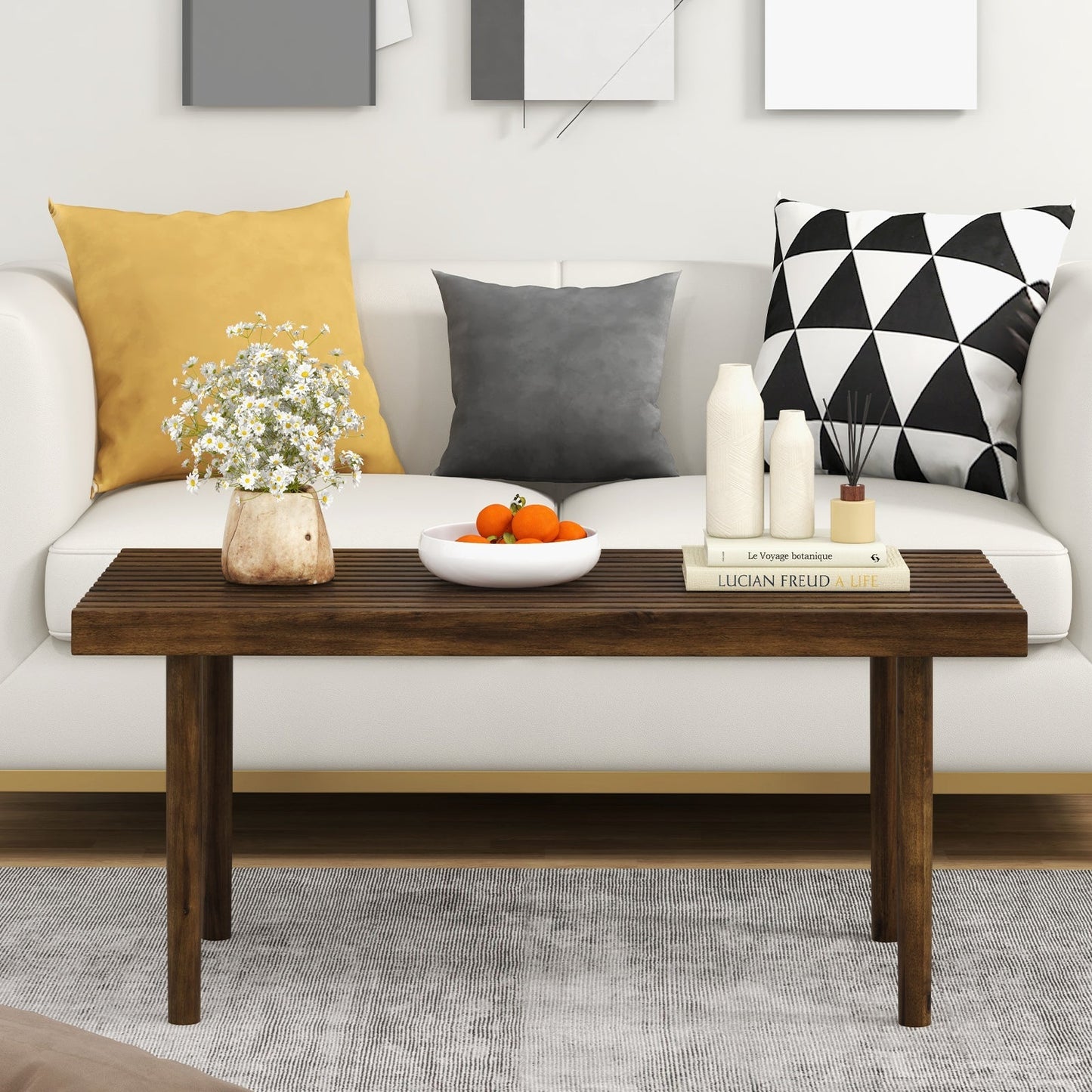 Rubber Wood Coffee Table with Slatted Tabletop