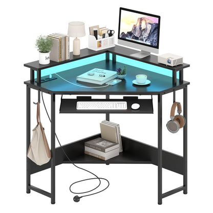 Computer Corner Desk with LED Charging Station and Monitor Stand-Black