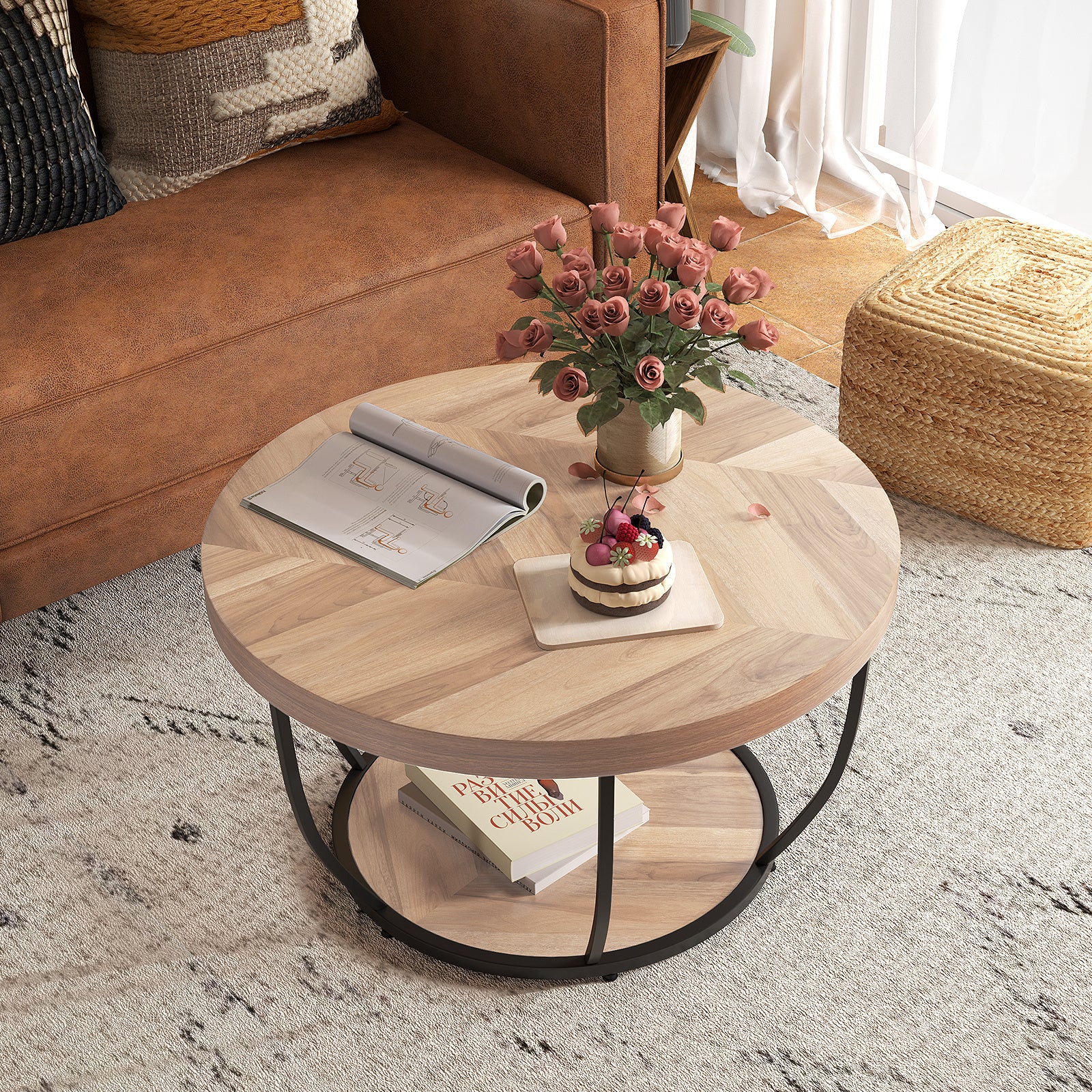 2-Tier Round Coffee Table with Storage Metal Frame Tea Cocktail Table-Natural Colour