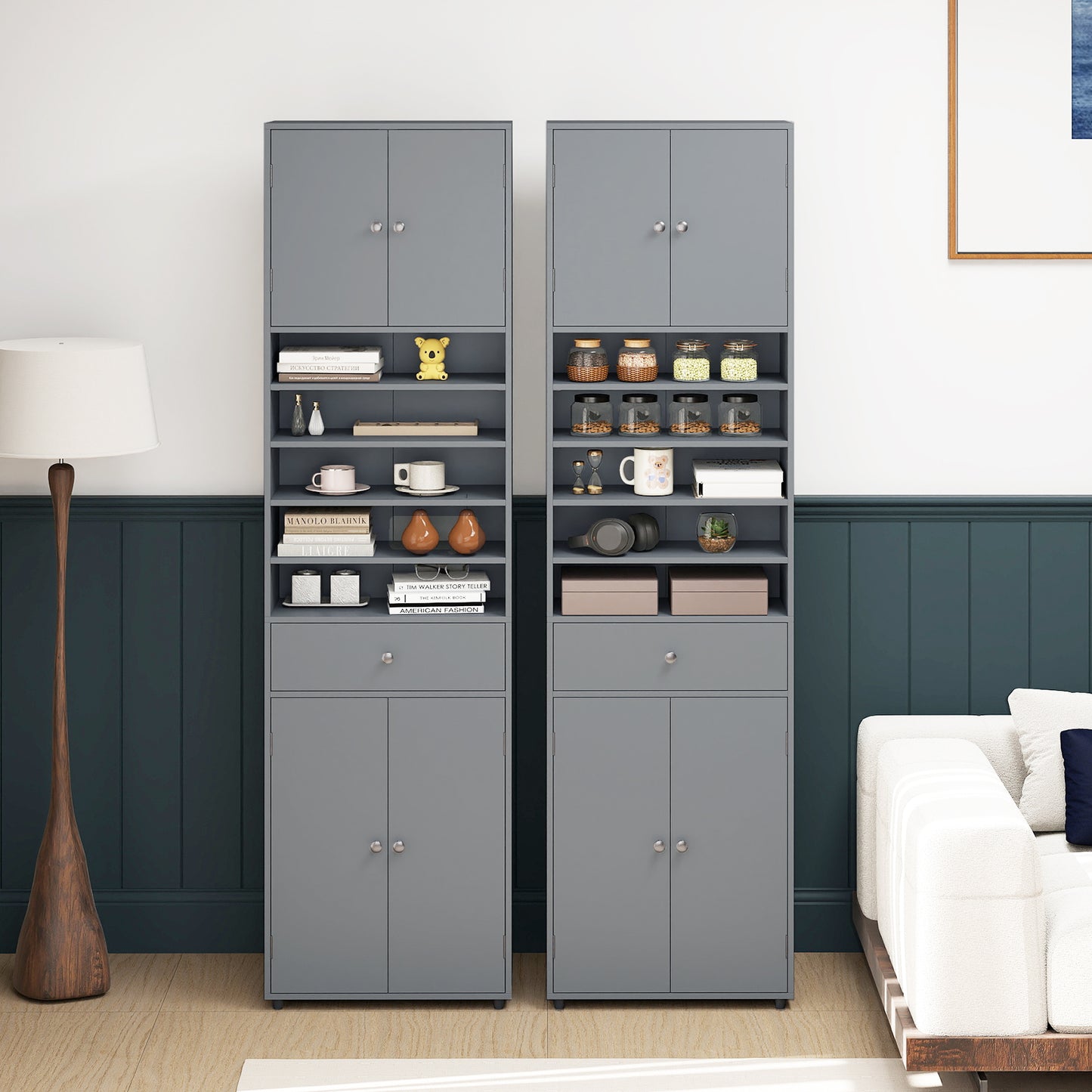 Tall Bathroom Storage Cabinet with Drawer and Adjustable Shelves-Grey