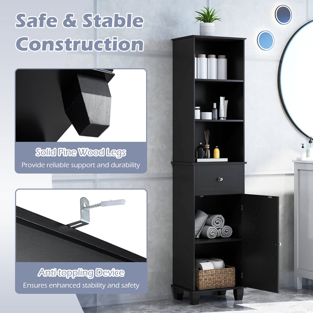172cm Tall Bathroom Cabinet with Drawer and 3 Open Shelves-Black