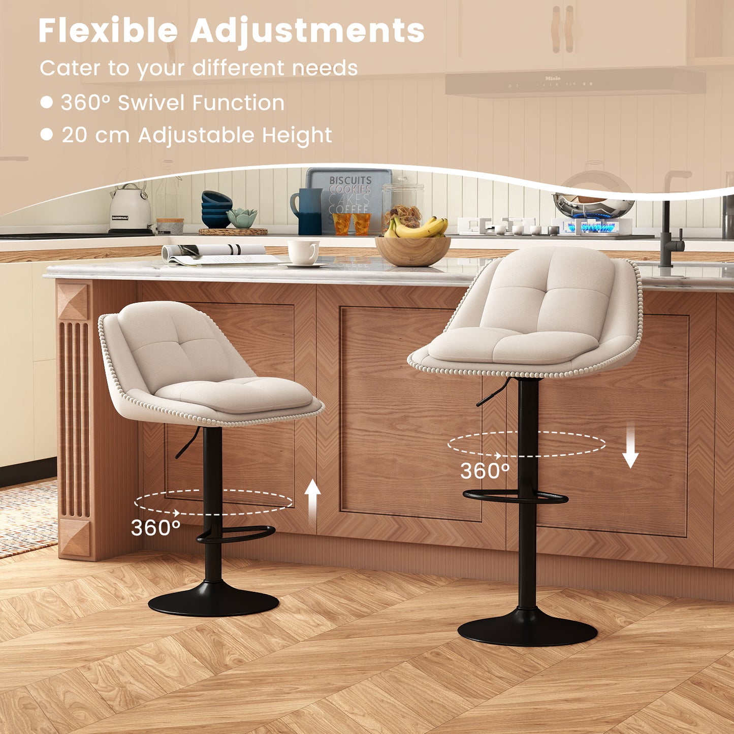 Bar Stools Set of 2 Modern Adjustable Chenille Upholstered Barstools-White