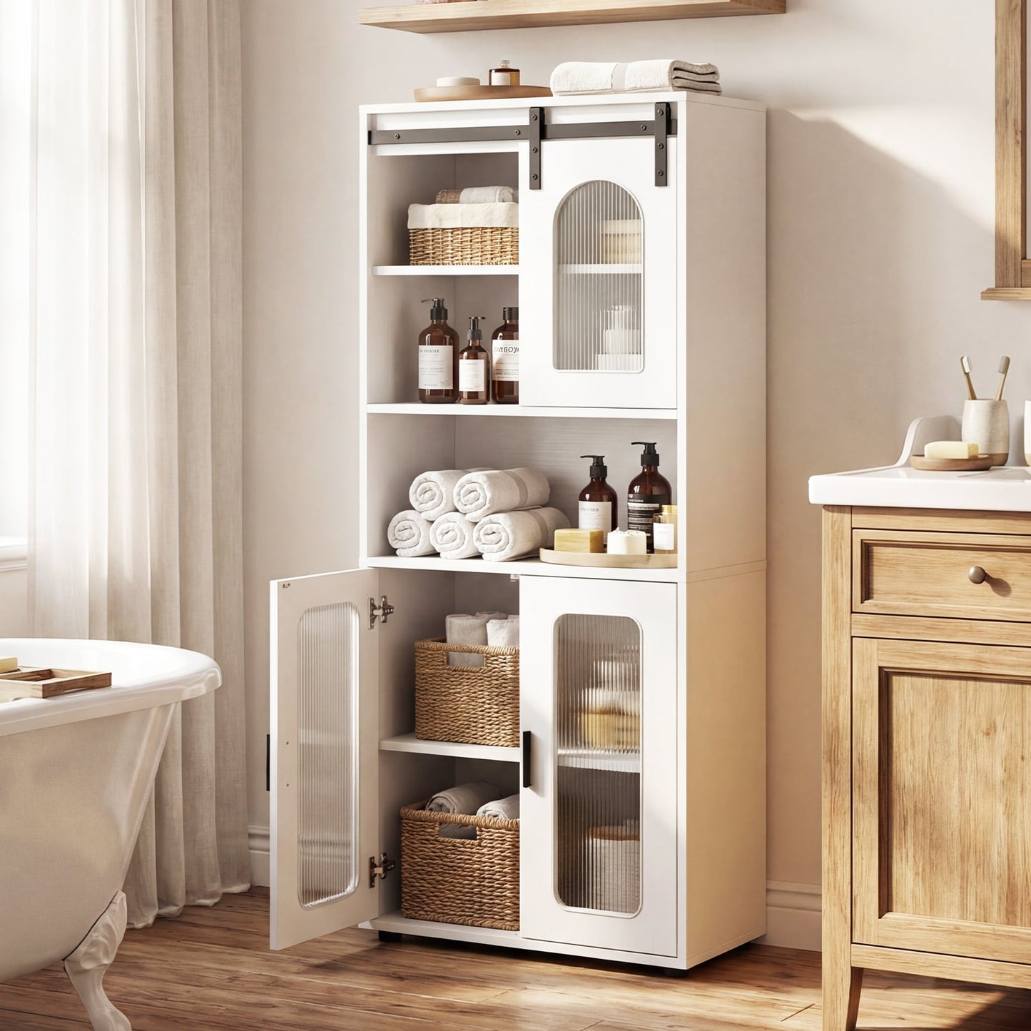 Bathroom Floor Cabinet with Shelves and Sliding Barn Door-White