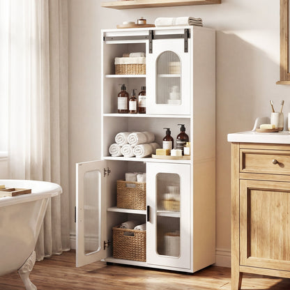 Bathroom Floor Cabinet with Shelves and Sliding Barn Door-White