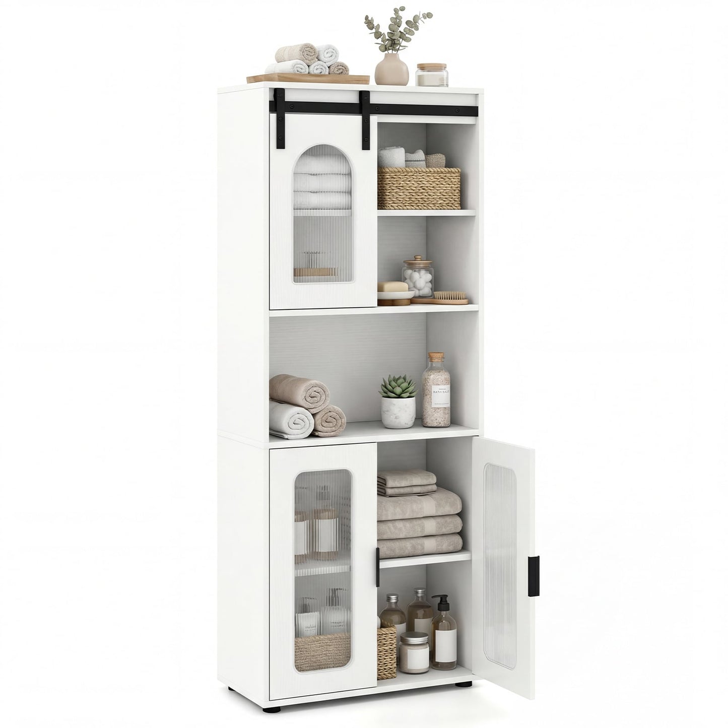 Bathroom Floor Cabinet with Shelves and Sliding Barn Door-White