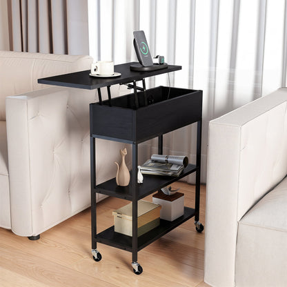 Rolling Lift Top End Table with Charging Station & Hidden Compartment for Living Room-Black