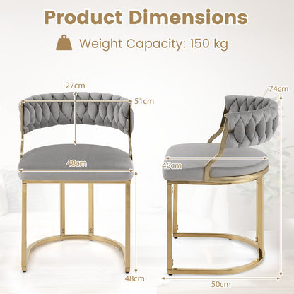 2 Pieces Velvet Dining Chairs with Curved Back and Metal Base-Grey
