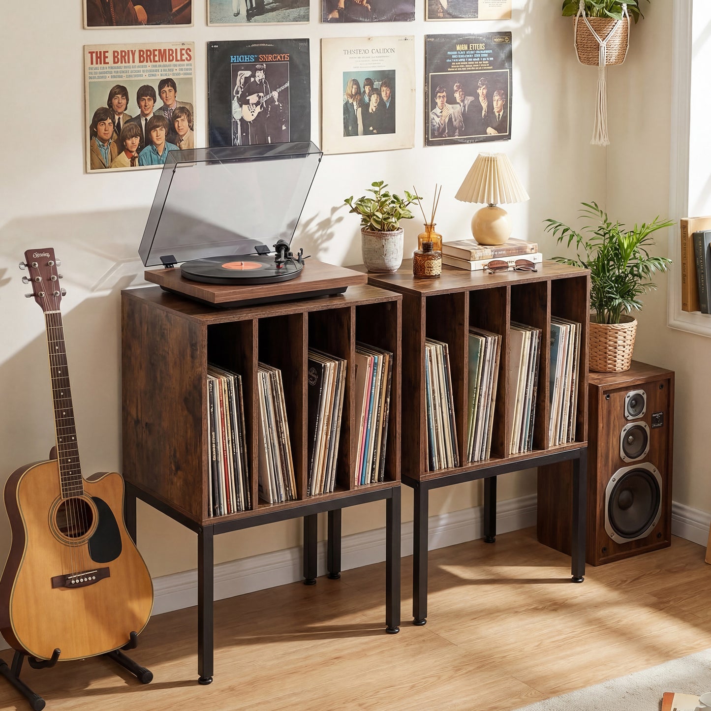 Turntable Stand with Vinyl Storage Shelves and Raised Metal Legs-Rustic Brown