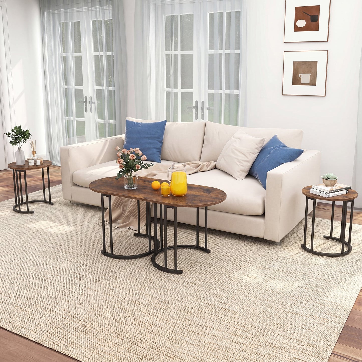 3-Piece Nesting Coffee Table Set 110cm Coffee Table with 2 Side Tables-Rustic Brown