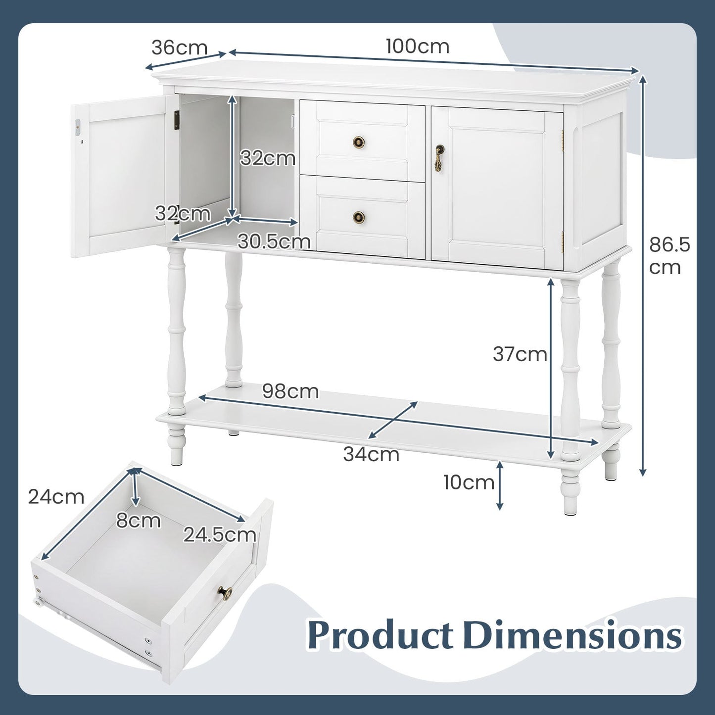 Console Table with 2 Drawers and 2 Door Cabinets for Entryway-White