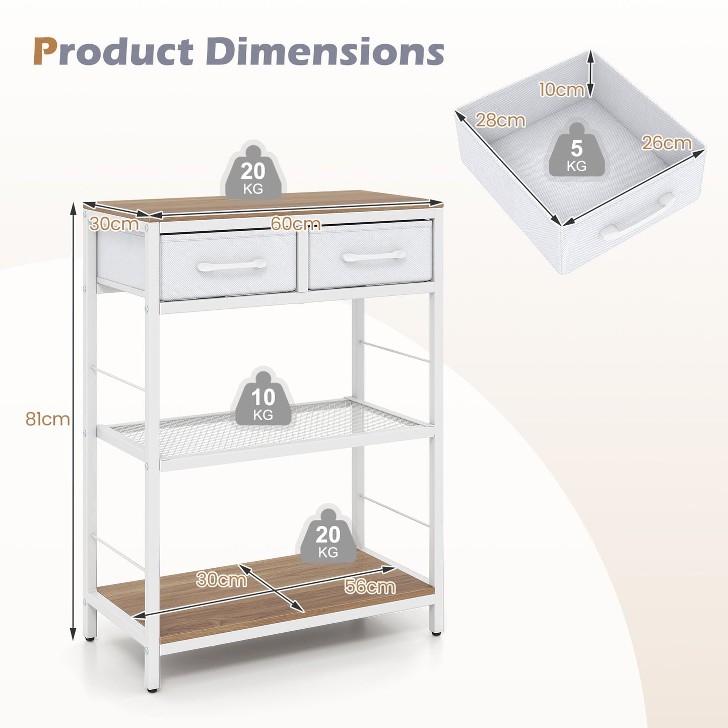 3-Tier Narrow Console Table with 2 Fabric Drawers and Open Shelves-Natrual