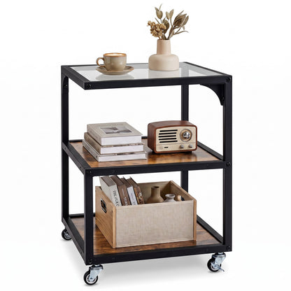 Set of 1 3‑Tier Mobile Side Table with Glass Top Rolling Open‑Corner Table-Rustic Brown