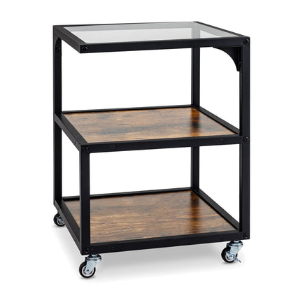 Set of 1 3‑Tier Mobile Side Table with Glass Top Rolling Open‑Corner Table-Rustic Brown