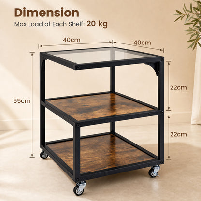 Set of 1 3‑Tier Mobile Side Table with Glass Top Rolling Open‑Corner Table-Rustic Brown