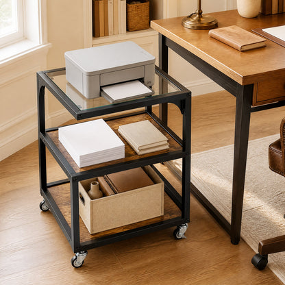 Set of 1 3‑Tier Mobile Side Table with Glass Top Rolling Open‑Corner Table-Rustic Brown