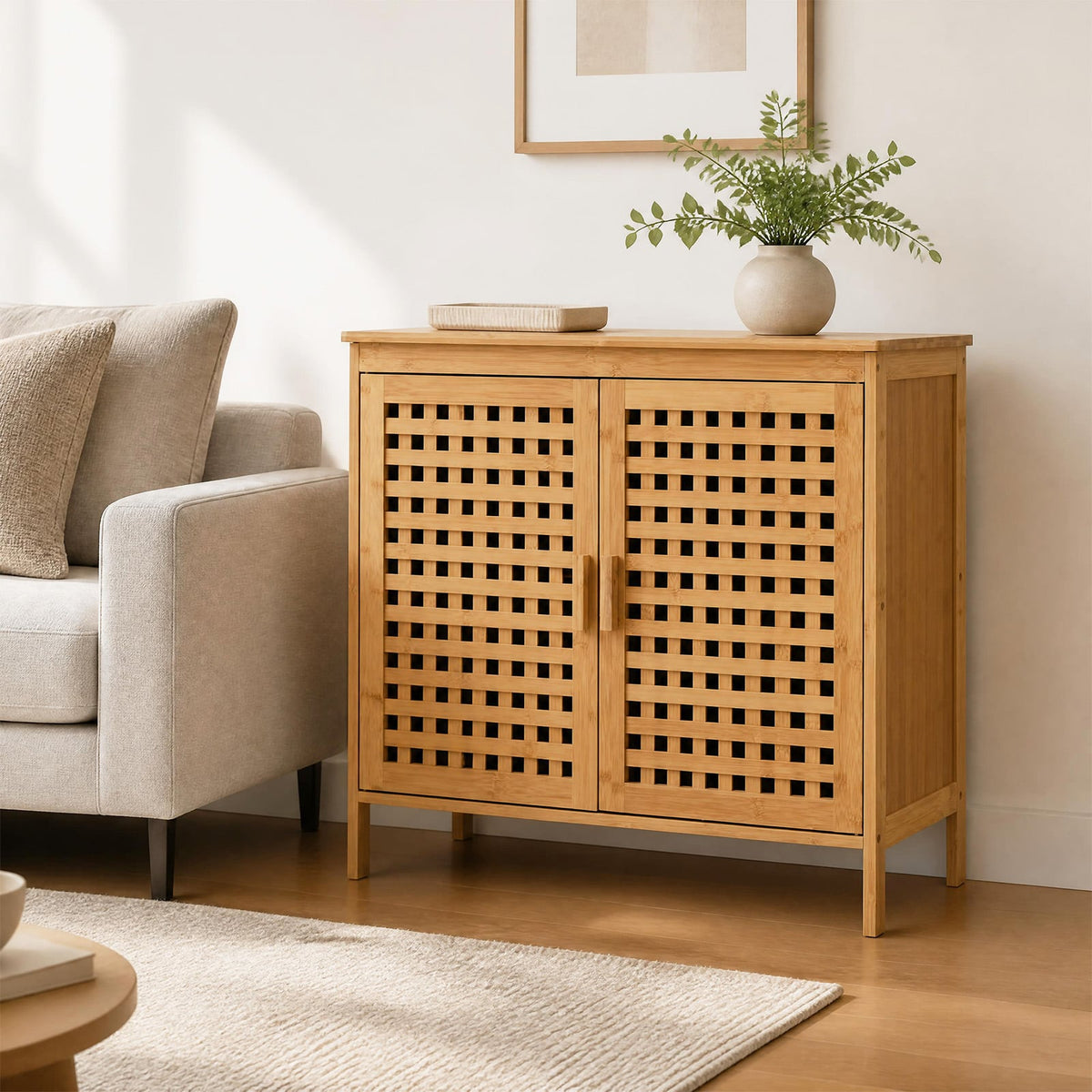 Bamboo Bathroom Storage Cabinet with 2 Doors and Wide Top-Natural