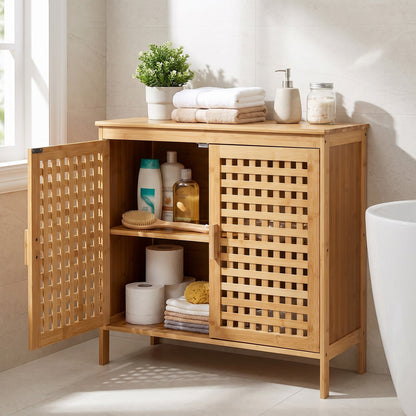 Bamboo Bathroom Storage Cabinet with 2 Doors and Wide Top-Natural