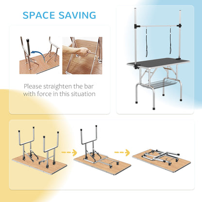 PawHut 42" Dog Grooming Table Adjustable Pet Cat Drying Beauty Table Rubber Top with 2 Loops Storage Basket Metal Black