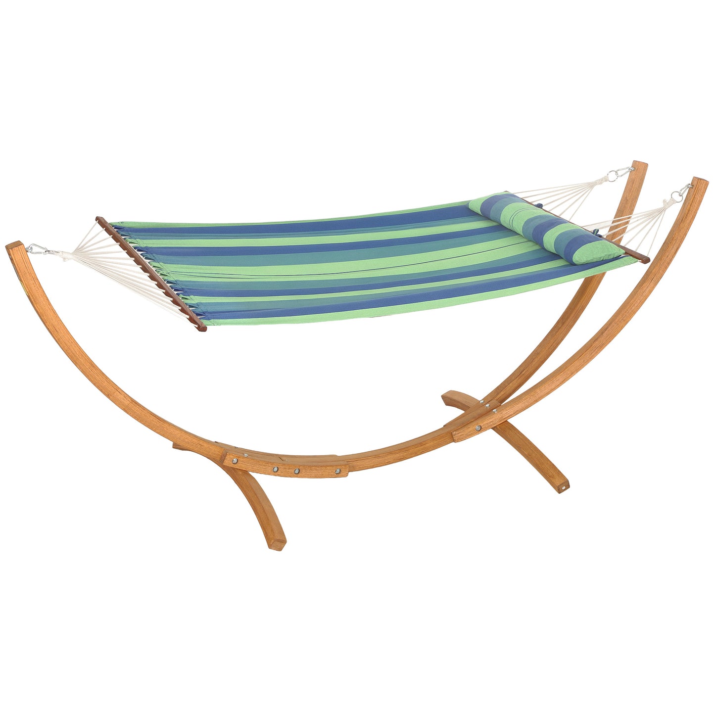 Hamak ogrodowy Outsunny ze stojakiem, hamak ogrodowy z potrójną ramą łukową z drewna eukaliptusowego, łóżko bawełniane dla 1 osoby i poduszka pod głowę, wolnostojące łóżko ogrodowe typu swing na patio, niebieski pasek