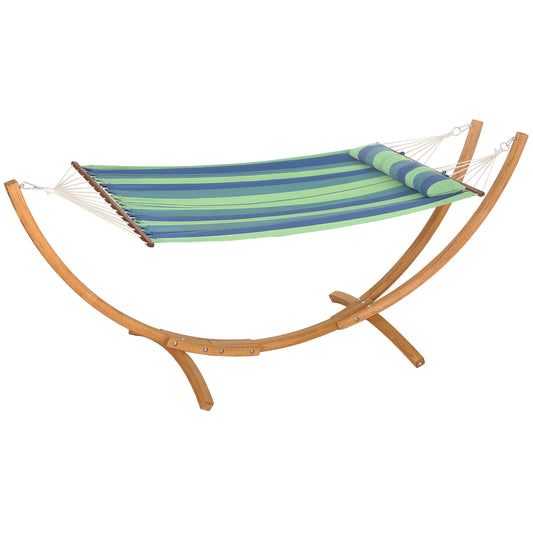 Hamak ogrodowy Outsunny ze stojakiem, hamak ogrodowy z potrójną ramą łukową z drewna eukaliptusowego, łóżko bawełniane dla 1 osoby i poduszka pod głowę, wolnostojące łóżko ogrodowe typu swing na patio, niebieski pasek