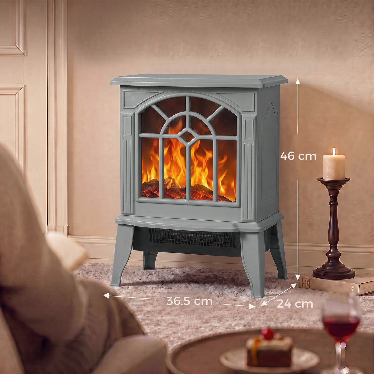HOMCOM Freestanding Electric Fireplace, Electric Log Burner w/ LED Flame Effect, Overheating Safety System, 1000W/2000W, Grey