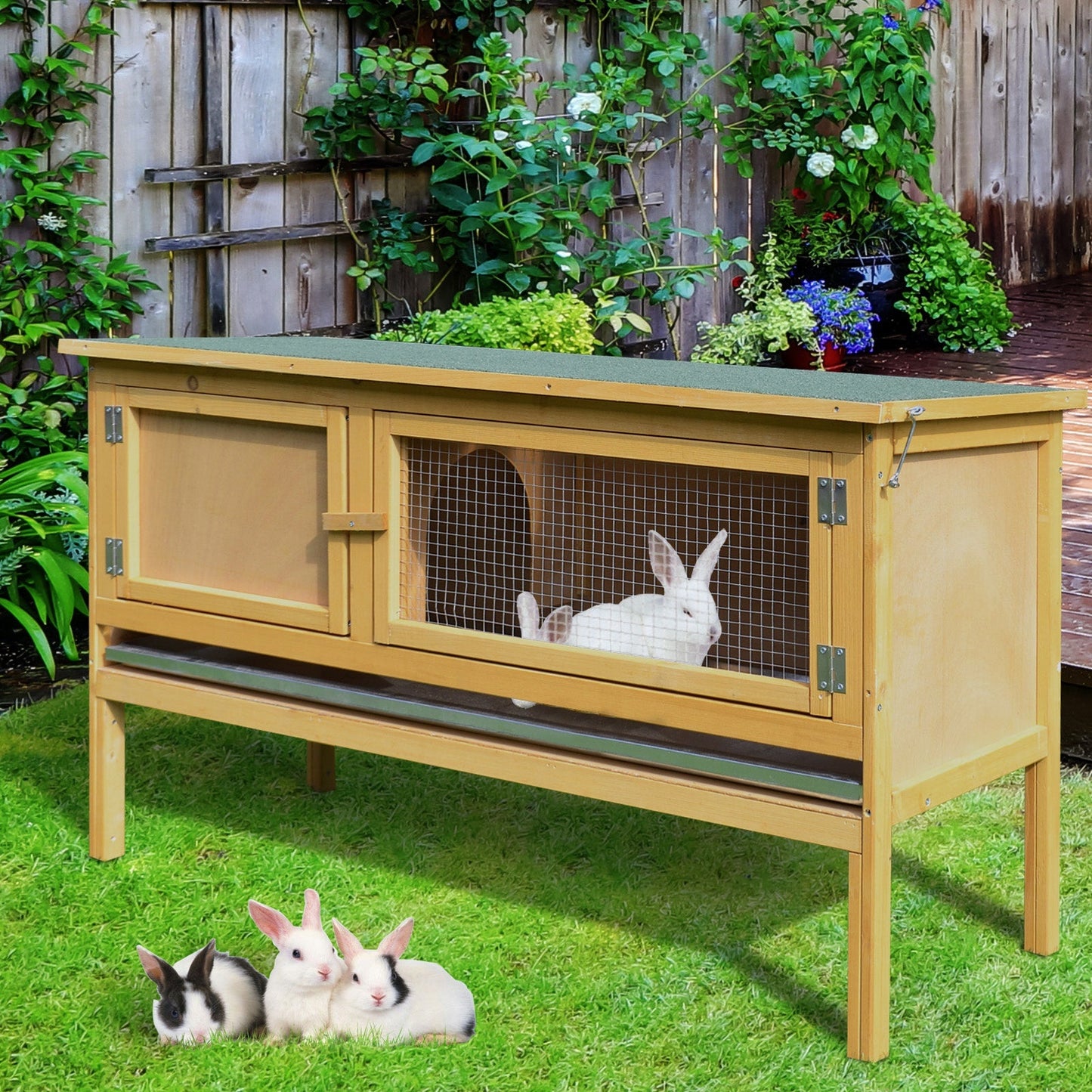 PawHut Guinea Pigs Hutches, 115Lx44.3Wx65H cm, Fir Wood-Yellow/Green