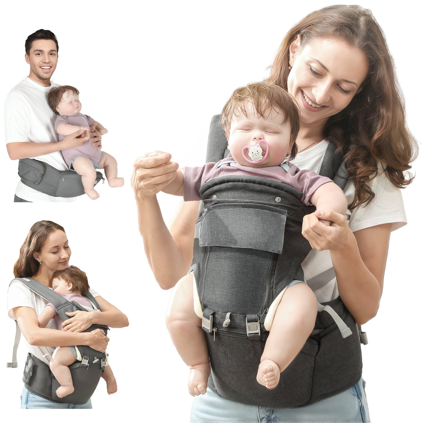 AIYAPLAY 6-in-1 Baby Carrier for Newborns-Toddlers, with Removable Seat, for Ages 0-36 Months, Up to 15kg, Grey