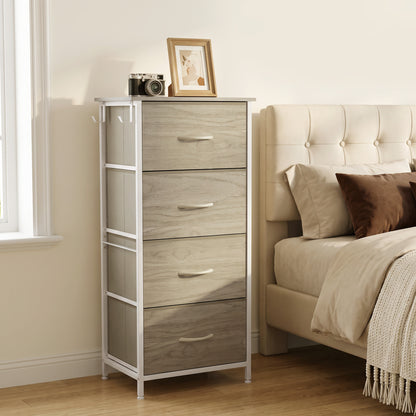 HOMCOM Chest of Drawers, Dresser with 4 Fabric Drawers, Tall Storage Unit with 4 Pockets and 2 Hooks, Steel Frame, Natural Wood