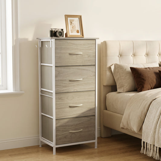 HOMCOM Chest of Drawers, Dresser with 4 Fabric Drawers, Tall Storage Unit with 4 Pockets and 2 Hooks, Steel Frame, Natural Wood