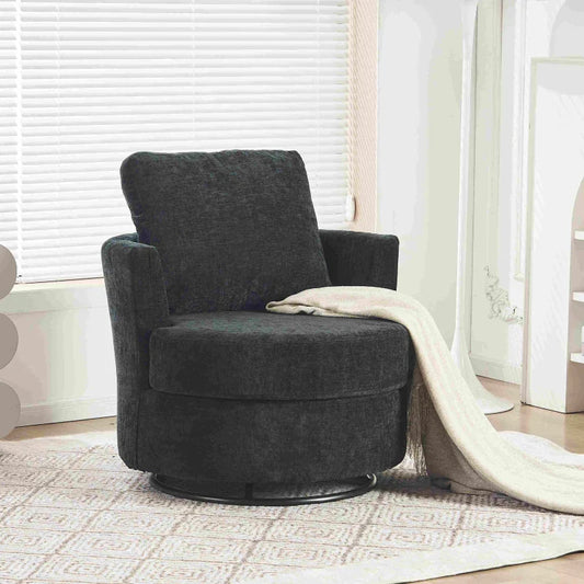 Chenille Swivel Recliner with Back Cushion and Thick Foam Pad, Faux Leather Adjustable Manual Swivel Base, Upholstered with Wooden Frame, 360° Swivel, 78.5x83x86 cm, Dark Grey