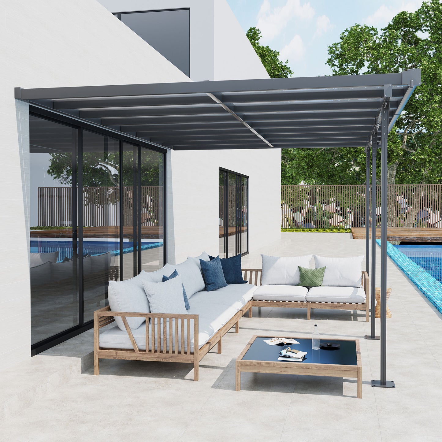 Outsunny 4,35 x 3 m Zewnętrzna altana ogrodowa Pergola, chowana pergola z aluminiowymi słupkami i dachem z PC, szara