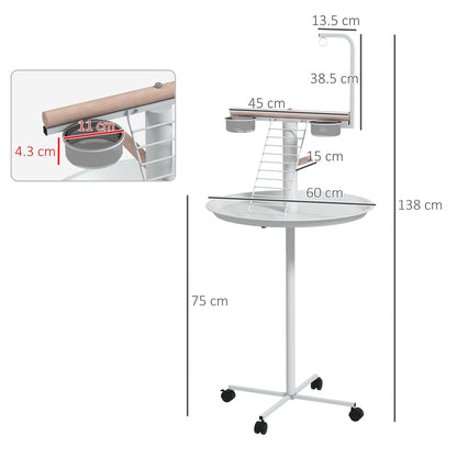 PawHut Bird Stand with Four Wheels, Perches, Stainless Steel Feed Bowls, Round Tray, for Garden, Indoor, Outdoor - White
