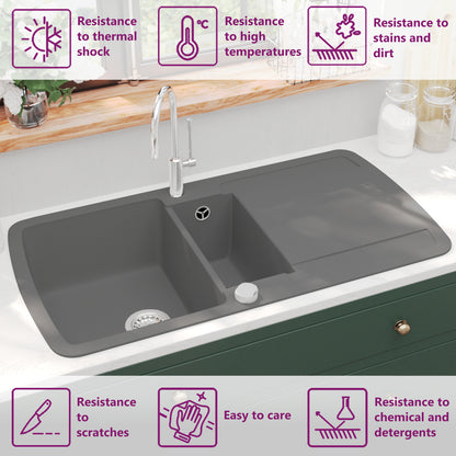 vidaXL Granite Kitchen Sink Double Basin Grey 3