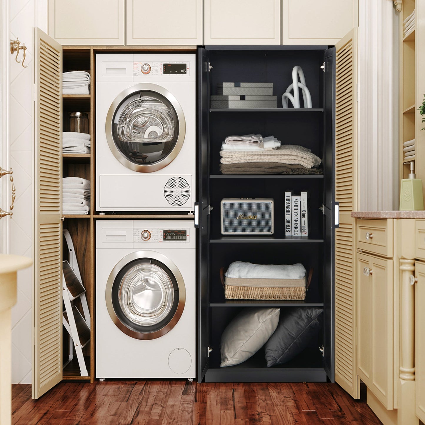 Wooden Storage Cabinet with 2 Doors and Adjustable Shelves-Black