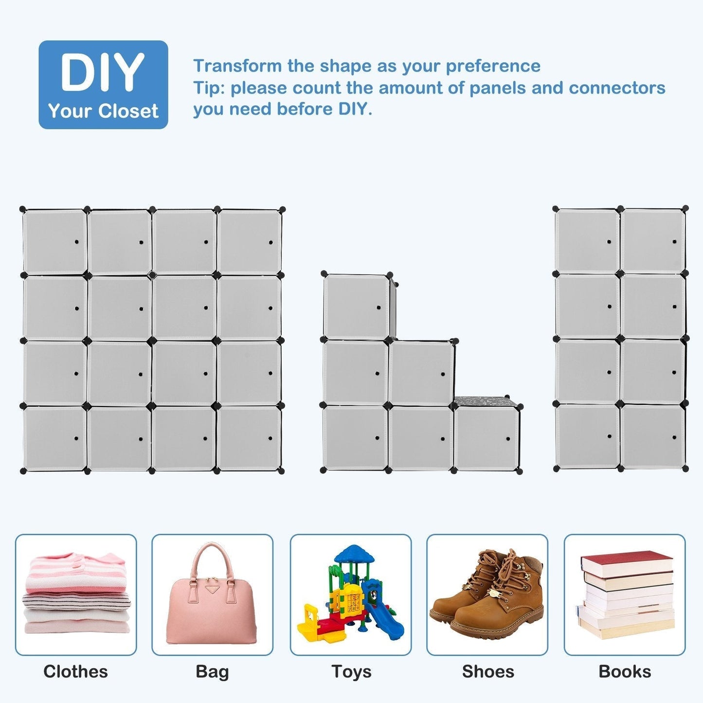 16 Cube Cabinet Storage Organizer with 2 Clothes Hanging Rails -Black &amp; White