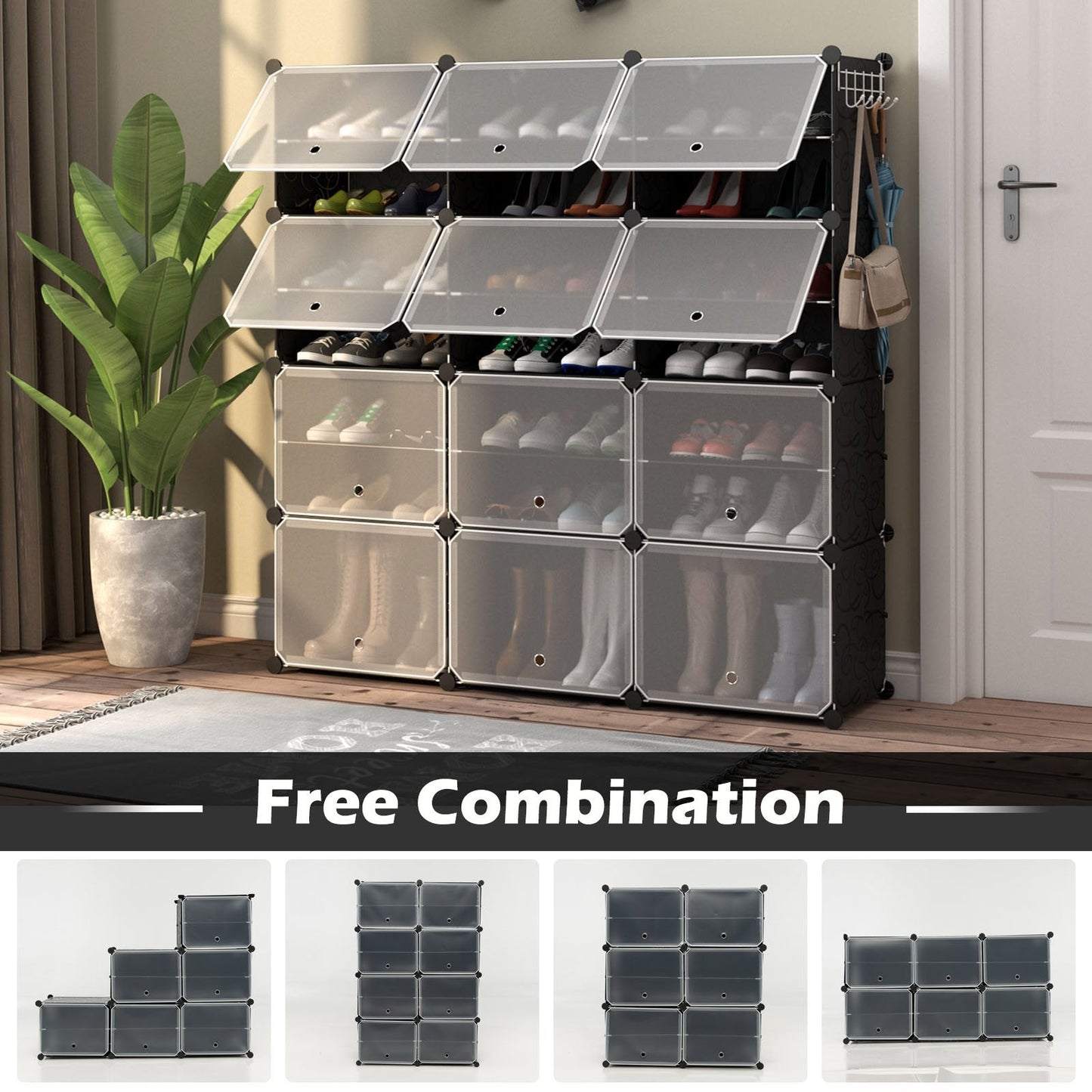 48 Pairs Expandable Modular Shoe Storage Cabinet with Door-Black