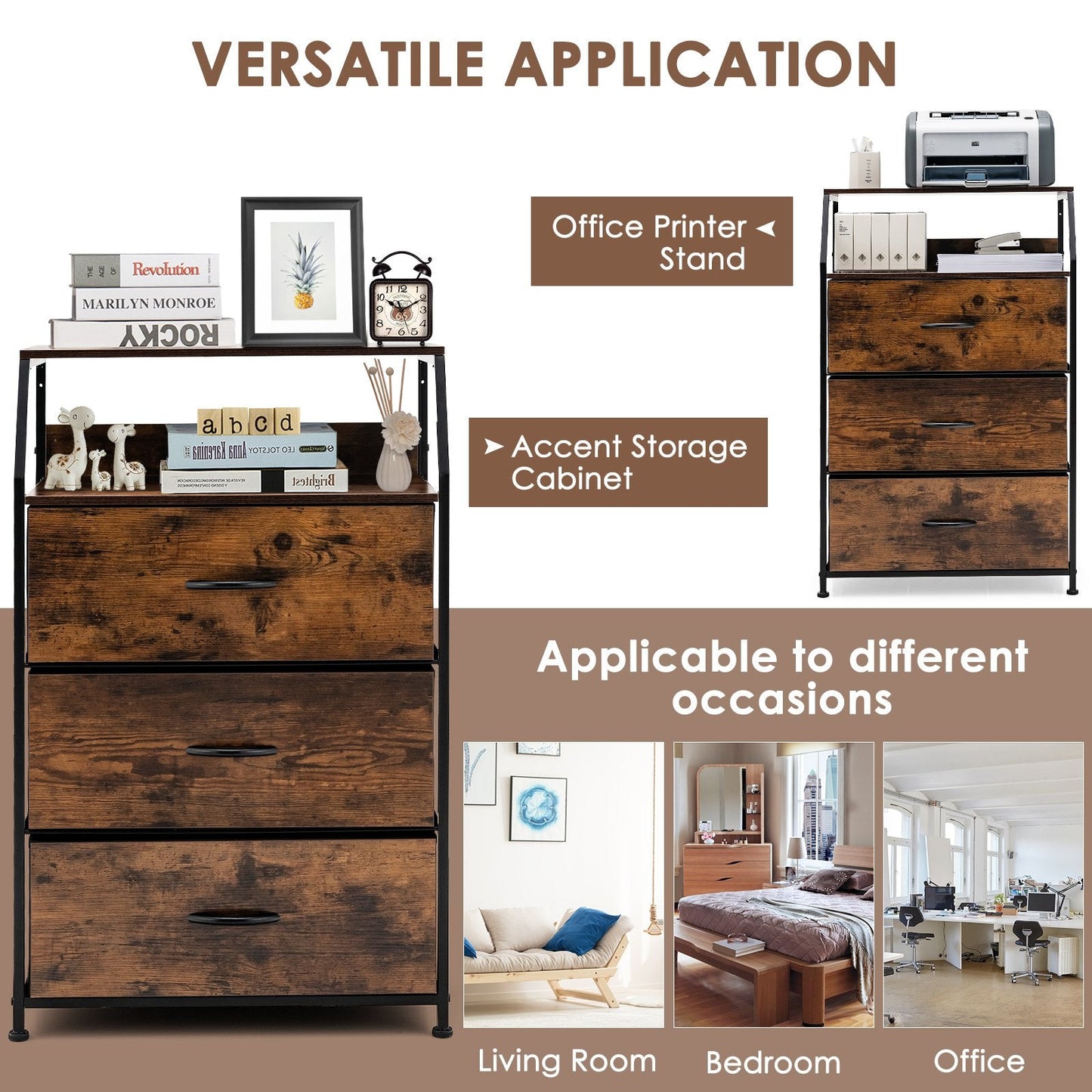 3-Drawer Dresser with Wooden Top and Front for Bedroom Living Room-Rustic Brown