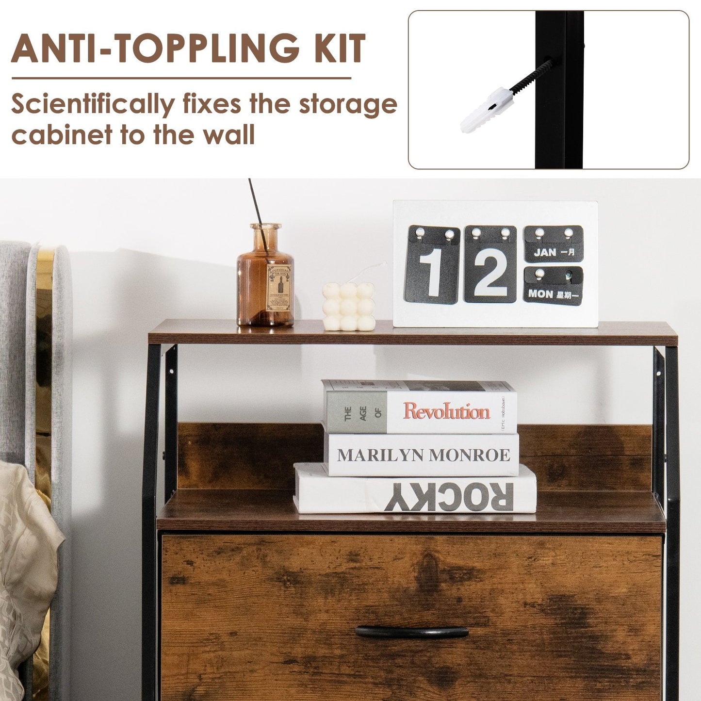 3-Drawer Dresser with Wooden Top and Front for Bedroom Living Room-Rustic Brown