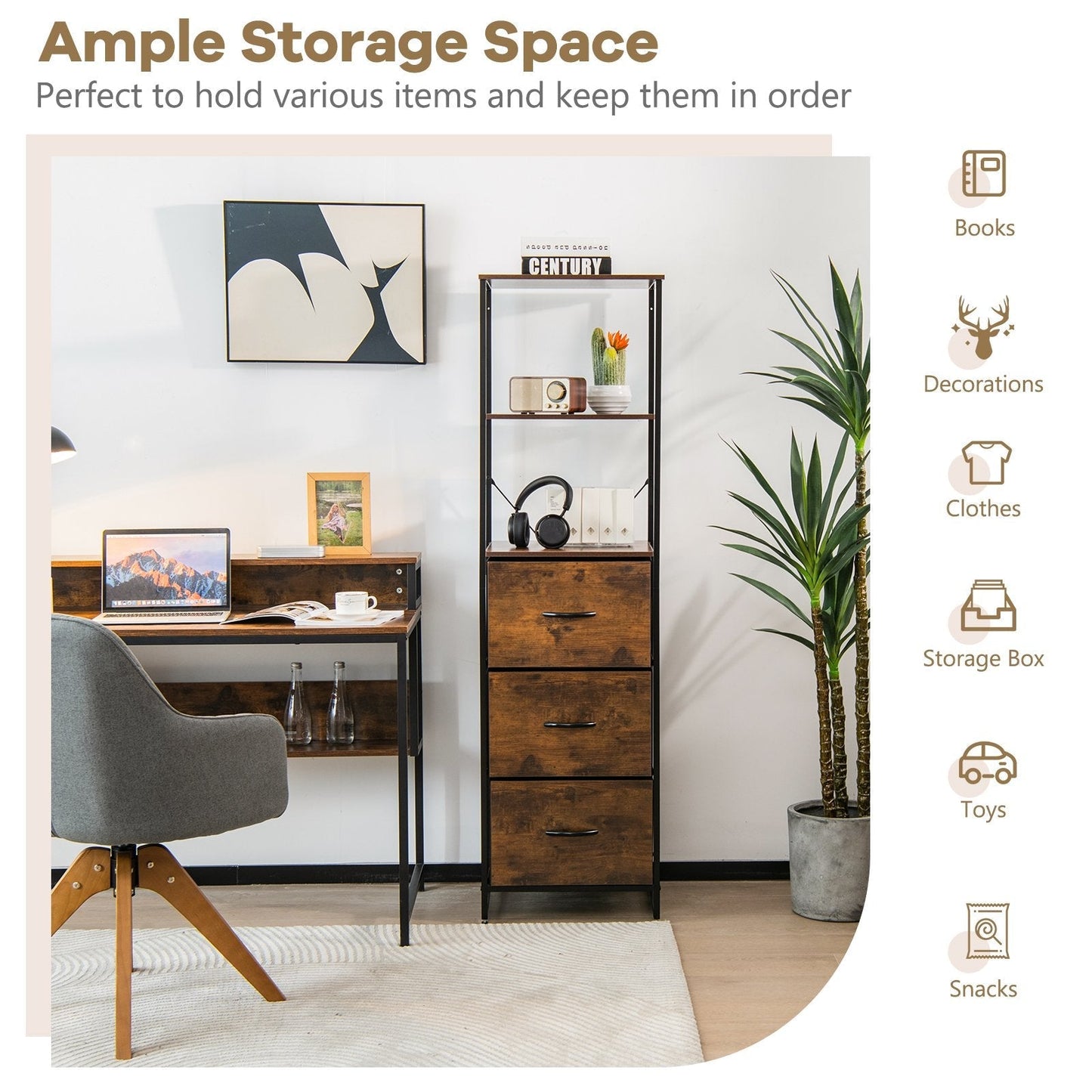 Storage Cabinet with 3 Drawers and 3-Tier Tall Shelf for Bedroom -Rustic Brown