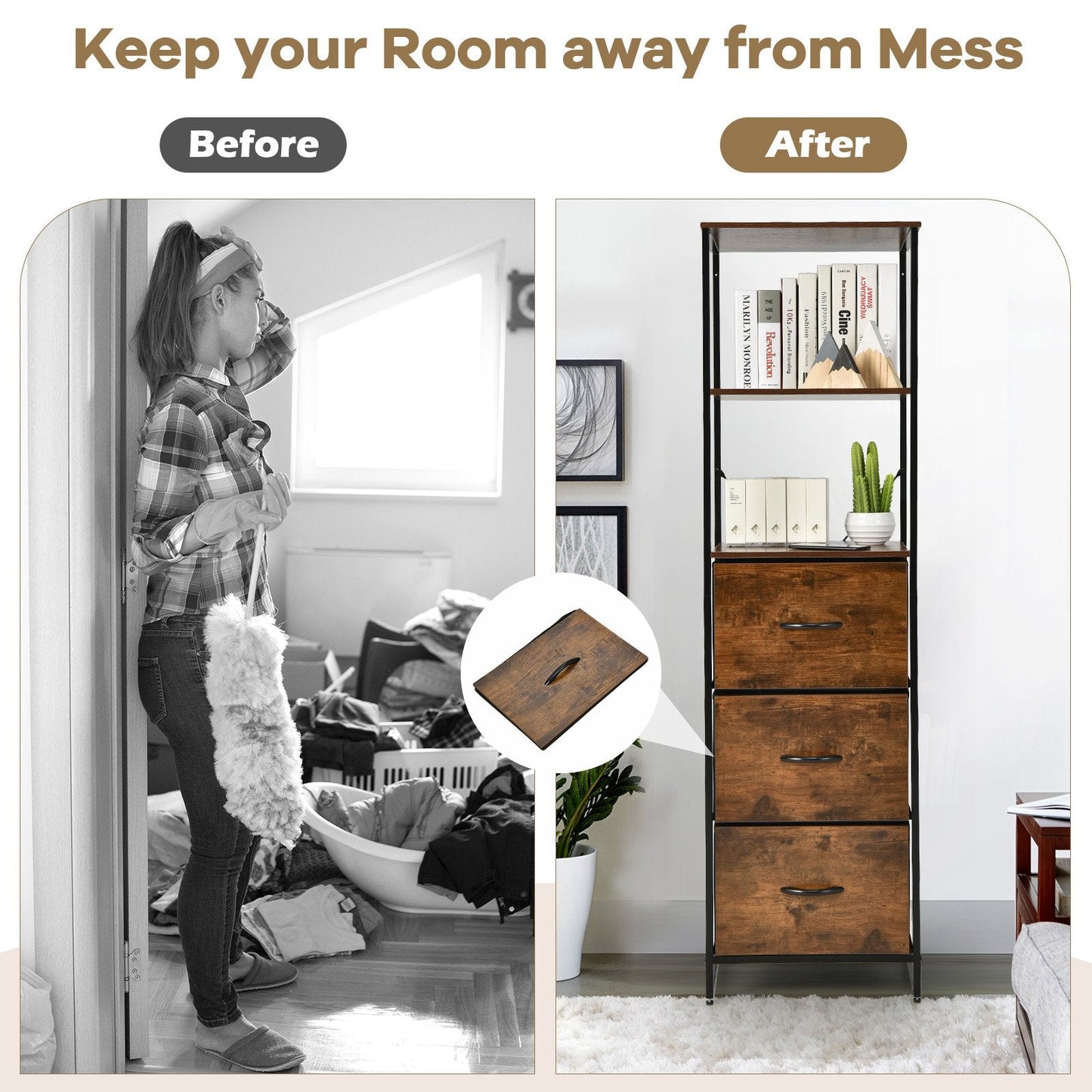 Storage Cabinet with 3 Drawers and 3-Tier Tall Shelf for Bedroom -Rustic Brown