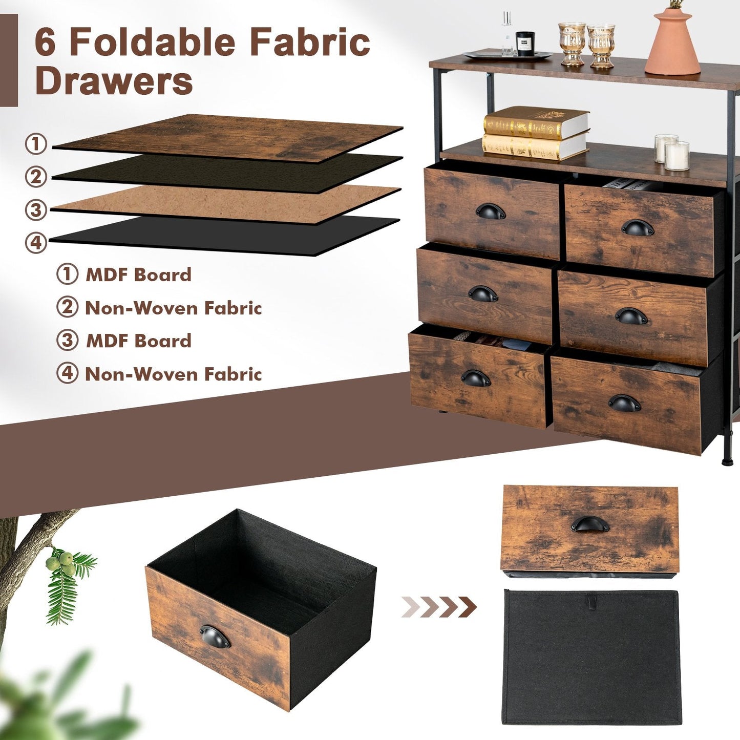 2-Tier Dresser with 6 Removable Fabric Drawers and Wooden Top-Rustic Brown