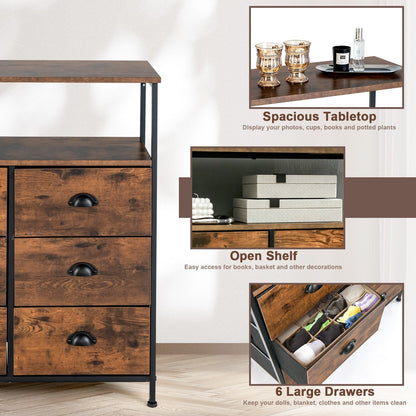 2-Tier Dresser with 6 Removable Fabric Drawers and Wooden Top-Rustic Brown