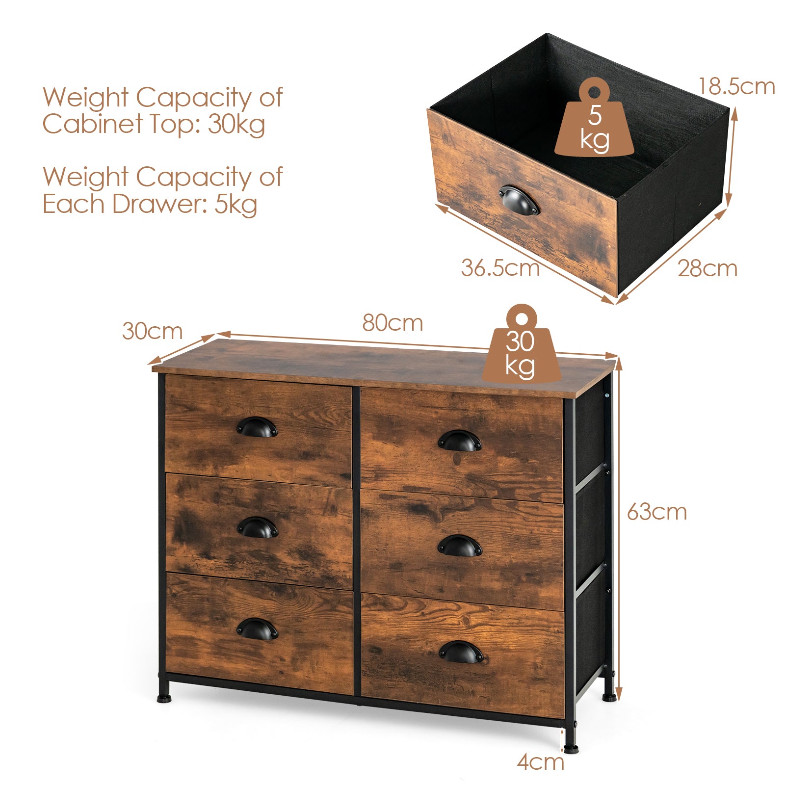 Dresser with 6 Foldable Fabric Drawers Living Room Bedroom-Rustic Brown