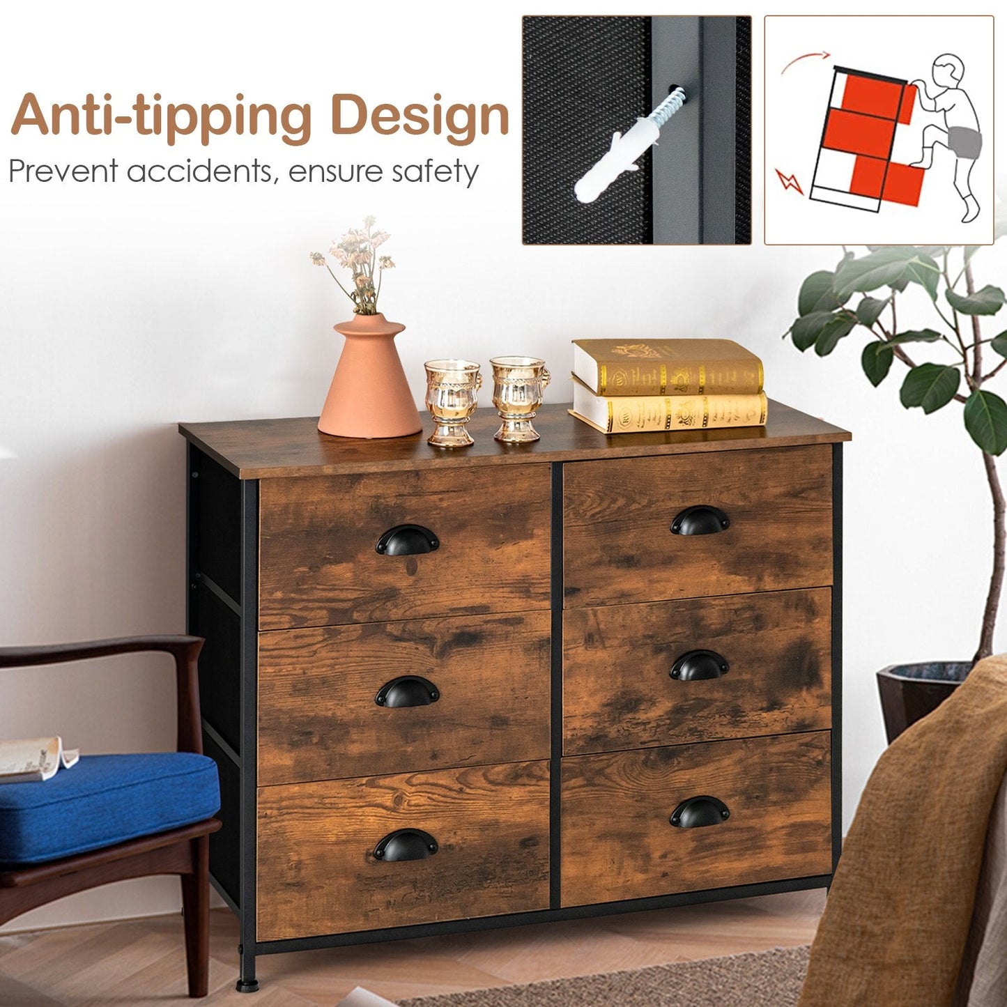 Dresser with 6 Foldable Fabric Drawers Living Room Bedroom-Rustic Brown