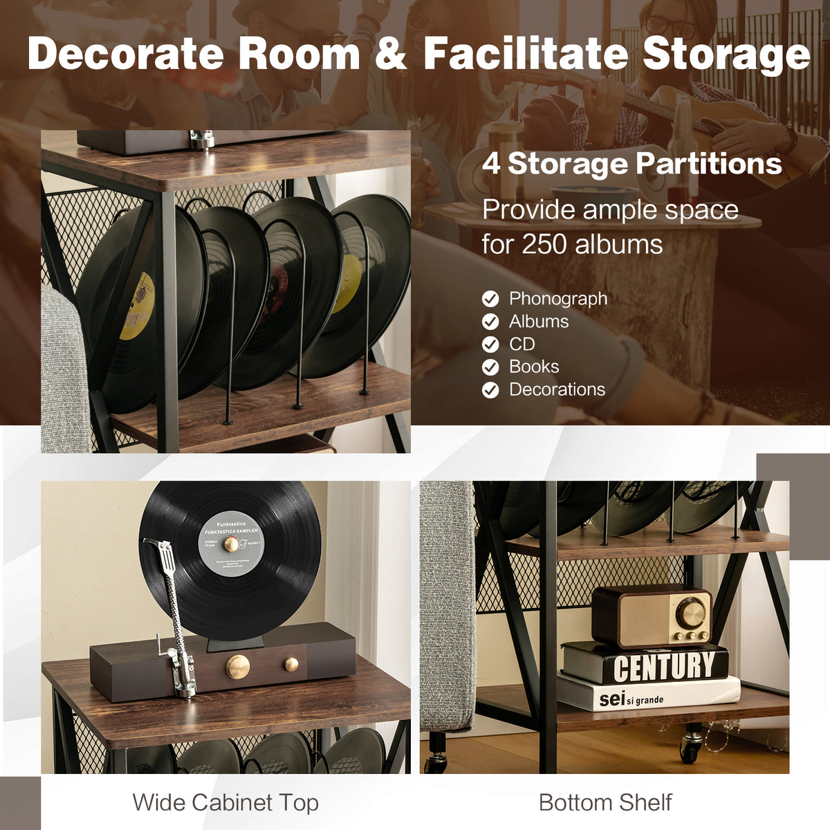 3-tier Record Player Stand Vinyl Record Storage Table-Rustic Brown