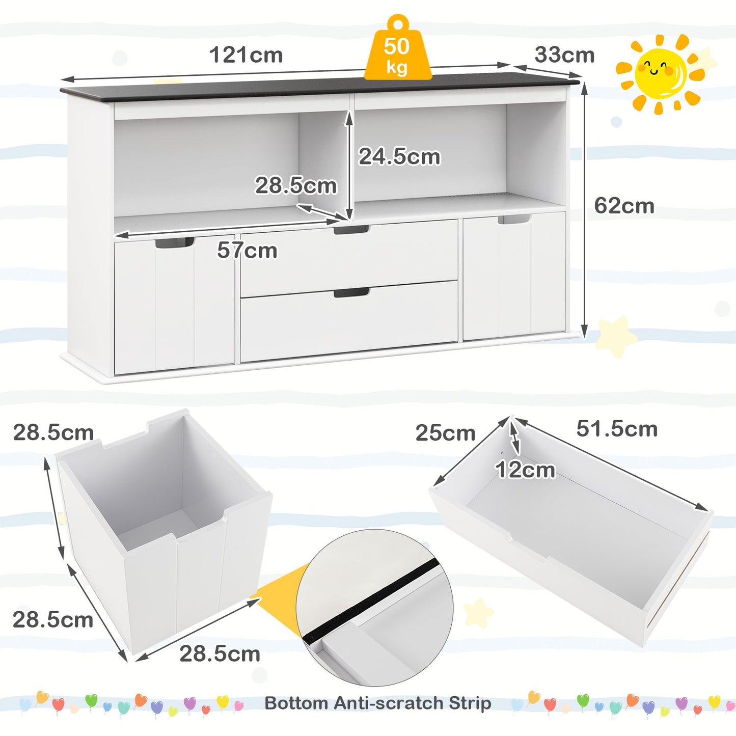 Kids Toy Storage Organizer with 3 Bins and Blackboard Top-121 x 33 x 62cm