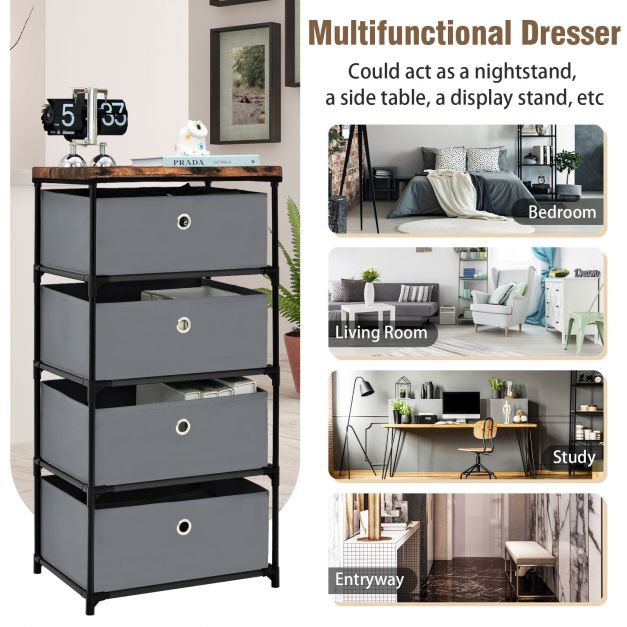 4-Tier Fabric Dresser with Drawers and Metal Frame-Grey