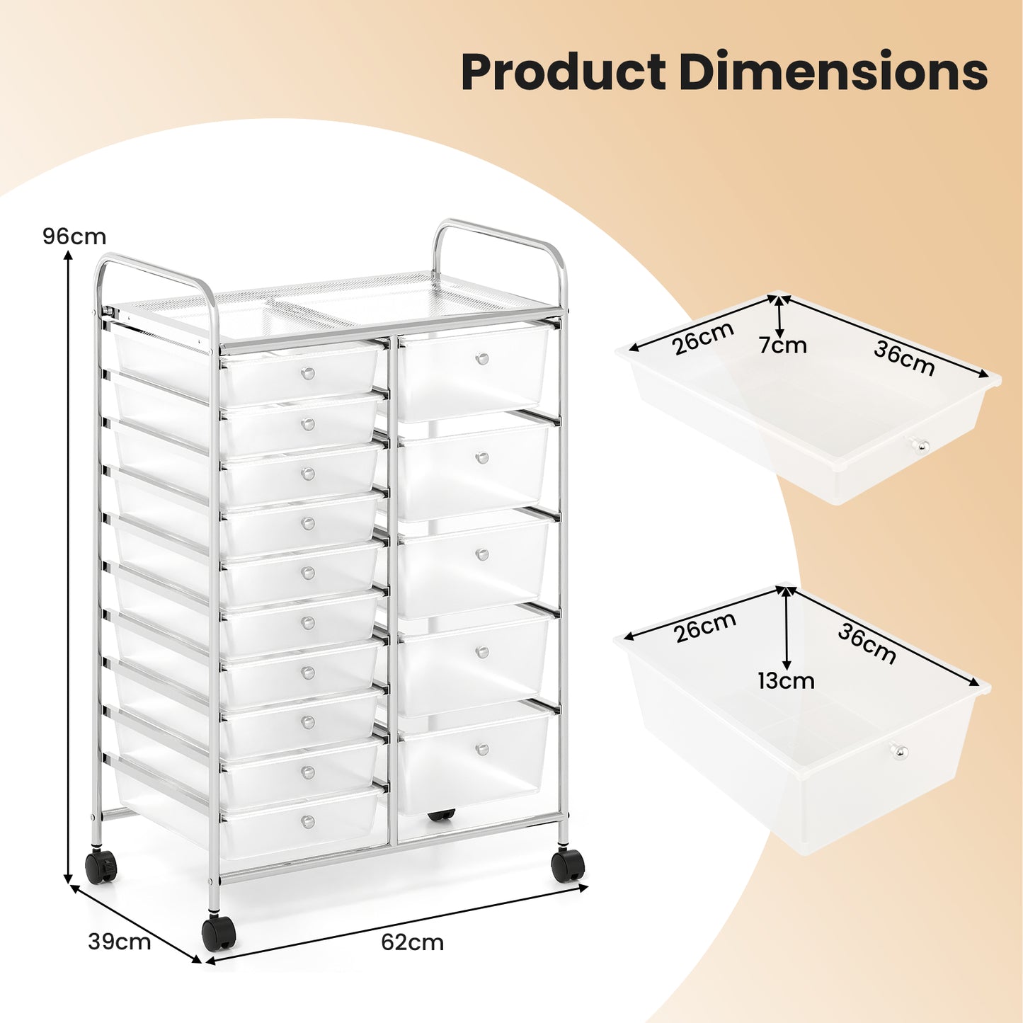 15-Drawer Rolling Storage Cart with Lockable Wheels and Removable Drawers-White