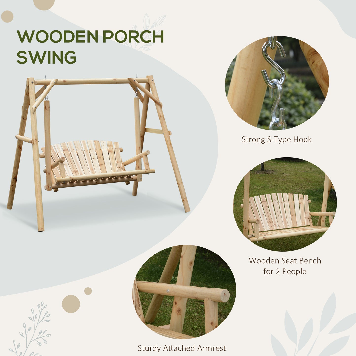 Outsunny Outdoor 2 Seater Swing Chair Modrzewiowy Huśtawka ogrodowa Siedzisko hamakowe na werandę