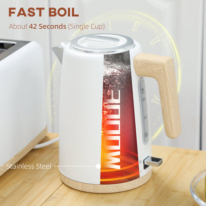 Zestaw HOMCOM z czajnikiem i tosterem, 1,7 l, 3000 W, czajnik z funkcją szybkiego gotowania i tosterem na 2 kromki, 7-stopniową regulacją opiekania, rozmrażaniem, podgrzewaniem, automatycznym wyłączaniem, zabezpieczeniem przed gotowaniem na sucho, biały